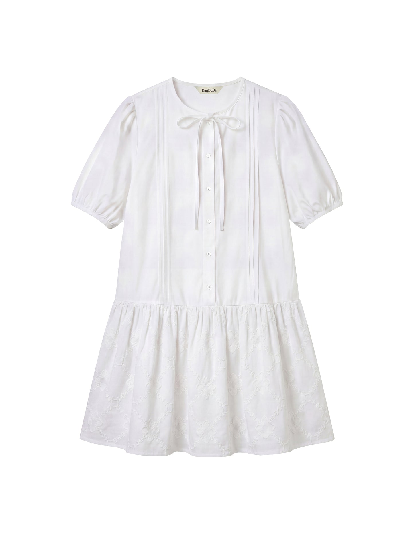 Flower Jacquard Contrast Tuck Dress_White