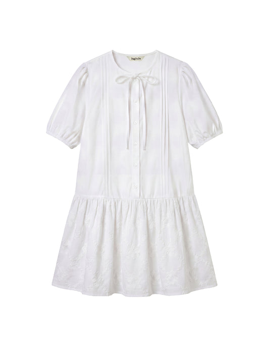 Flower Jacquard Contrast Tuck Dress_White
